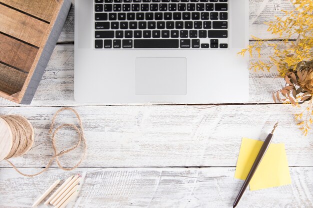 Stift und klebrige Anmerkungen nähern sich Laptop und Blumen