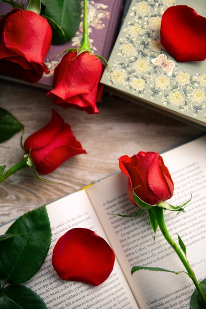 Stillleben aus wunderschönen roten Rosen zur Feier des Sant Jordi