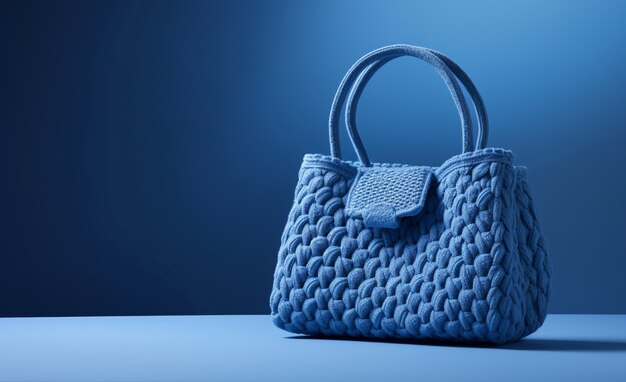 Stillleben mit blauer gestrickter Tasche