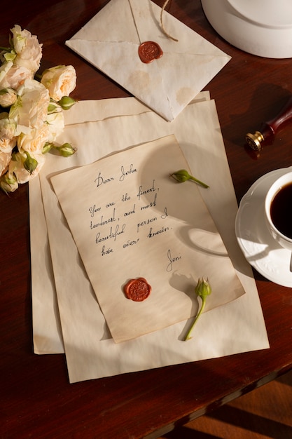 Stillleben mit Vintage-Schrift eines Liebesbriefs