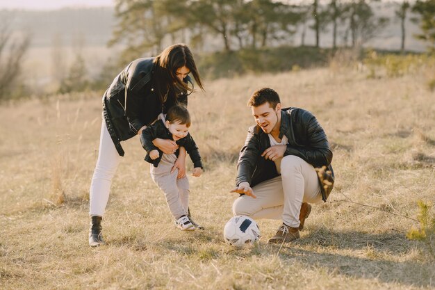 Stilvolle Familie, die auf einem sonnigen Feld geht