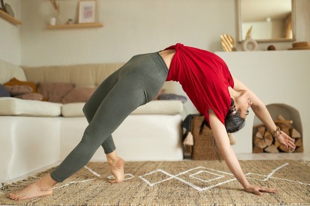 Stilvolle junge Frau mit schönem flexiblem Körper, der Vinyasa-Flow-Yoga praktiziert, Brückenpose oder Urdhva-Dhanurasana macht, die Vorderseite des Torsos in der Rückenbeugungsübung streckt und im gemütlichen Wohnzimmer posiert