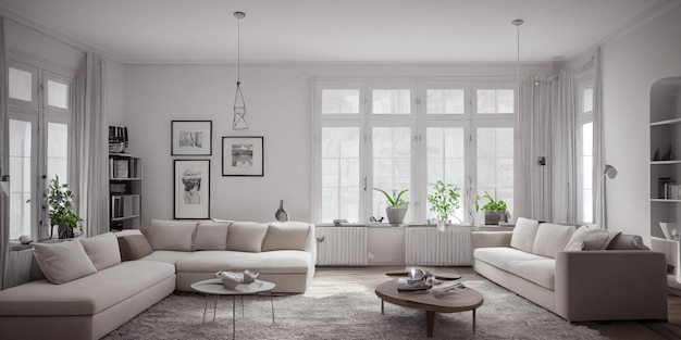Stilvolles skandinavisches wohnzimmer mit designer-sofamöbeln in mint-optik, pflanzen und eleg