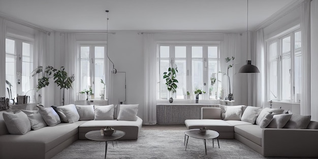 Kostenloses Foto stilvolles skandinavisches wohnzimmer mit designer-sofamöbeln in mint-optik, pflanzen und eleg