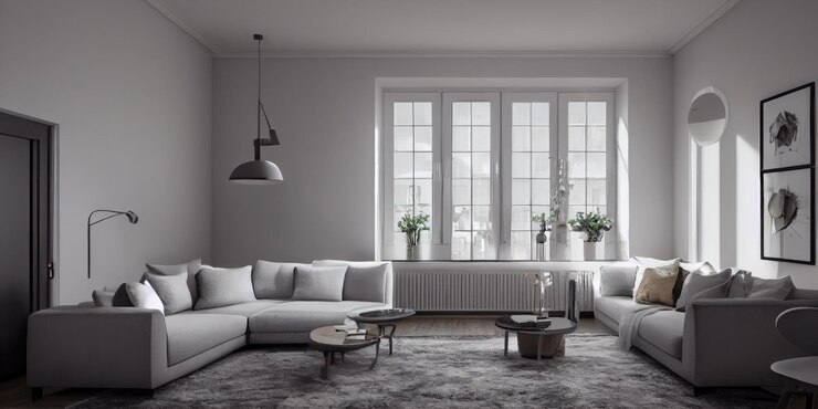 Kostenlose Foto stilvolles skandinavisches wohnzimmer mit designer-sofamöbeln in mint-optik, pflanzen und eleg