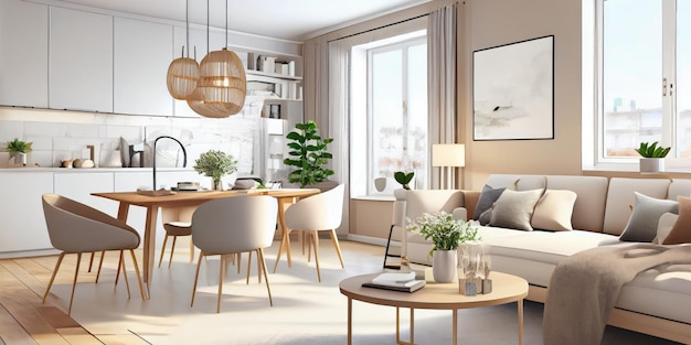 Stilvolles skandinavisches Wohnzimmer mit Designer-Sofamöbeln in Mint-Optik, Pflanzen und Eleg