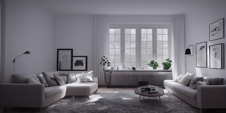 Kostenlose Foto stilvolles skandinavisches wohnzimmer mit designer-sofamöbeln in mint-optik, pflanzen und eleg