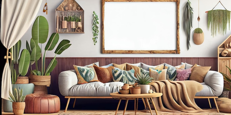 Kostenlose Foto stilvolles skandinavisches wohnzimmer mit designer-sofamöbeln in mint-optik, pflanzen und eleg