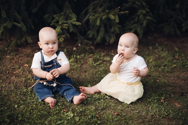 Stock Foto von entzückenden kleinen Babys, die auf dem Gras im Wald sitzen. Kleiner Bruder und Schwester essen Beeren beim Sitzen auf grünem Gras im Wald.