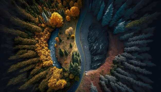 Straße für ein Auto unter der Walddraufsicht