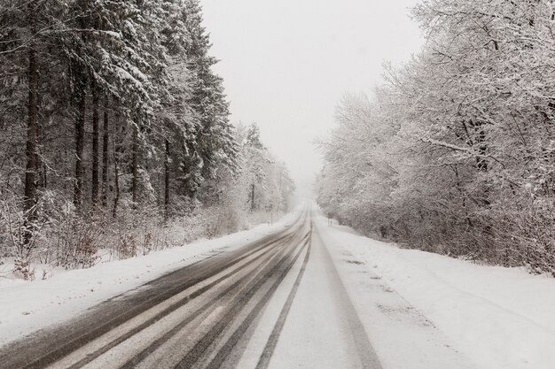 Straße im Wald im Winter