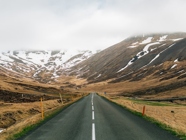 Straße umgeben von Hügeln, die mit grünem Schnee und Nebel in Island bedeckt sind
