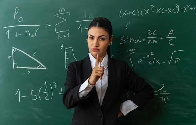 Strenge junge Lehrerin, die vor der Tafel steht, zeigt vorne die Hand auf die Hüfte im Klassenzimmer