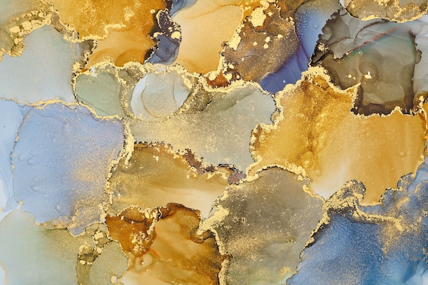Ströme von durchscheinenden farbtönen, sich schlängelnde metallische wirbel und schaumige farbsprays formen die landschaft dieser frei fließenden texturennatürliche luxuriöse abstrakte flüssige kunstmalerei in alkoholtintentechnik