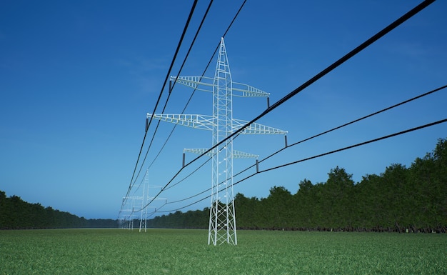 Kostenloses Foto stromnetz liefert hochspannungsstrom mithilfe von drähten über blauem himmel. energie fließt durch kabel von industrieanlagen, die an strommasten hängen, 3d-renderanimation