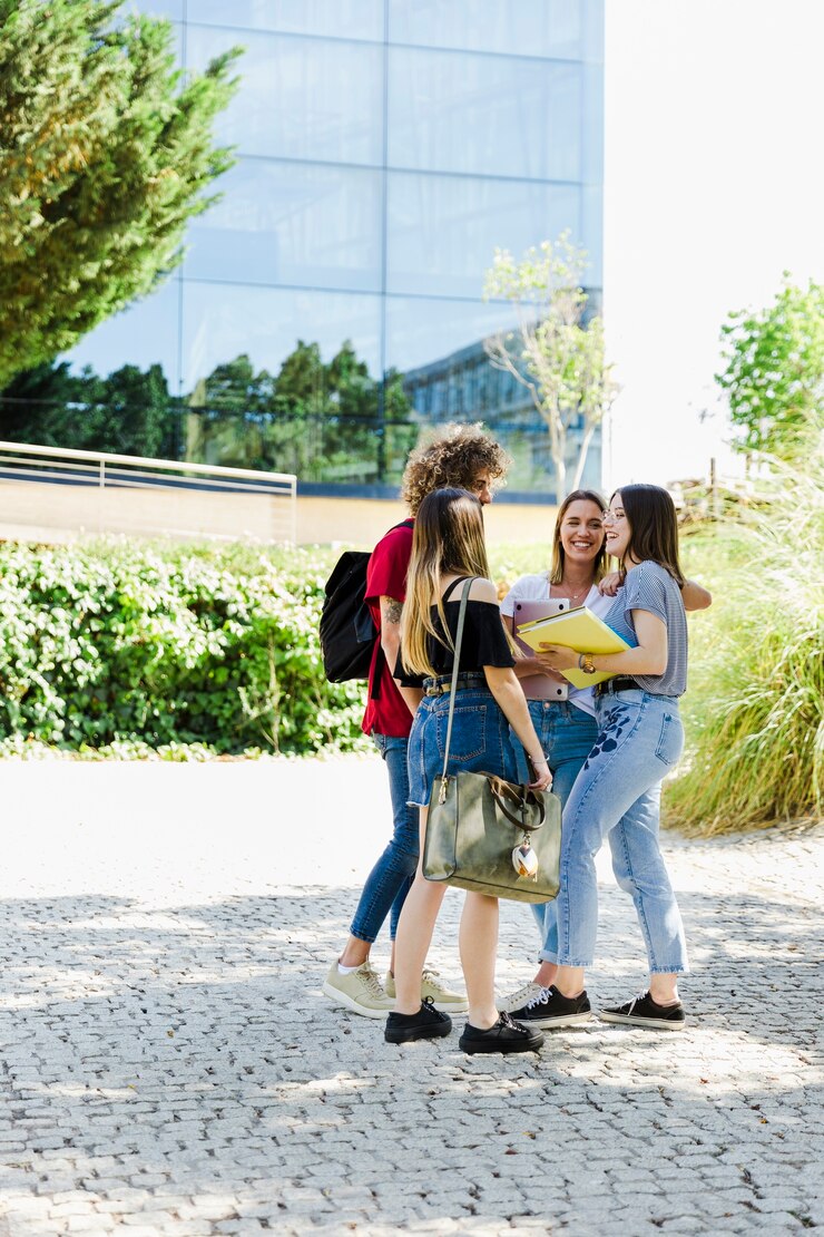Kostenlose Foto studenten sprechen außerhalb des campus