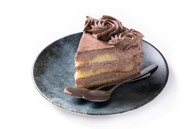 Stück Schokoladentrüffelkuchen isoliert auf weißem Hintergrund