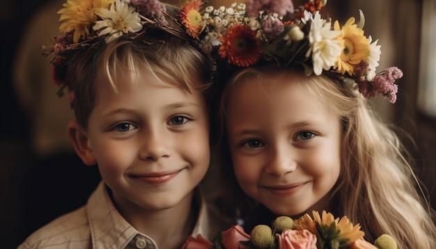 Süße Geschwister lächeln mit einem von KI generierten Blumenkranz