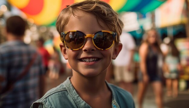 Süße kaukasische Jungen mit Sonnenbrillen genießen den von KI generierten Karnevalsspaß