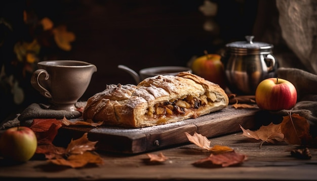 Kostenloses Foto süßer apfelkuchen auf rustikalem holztisch, generiert von ki