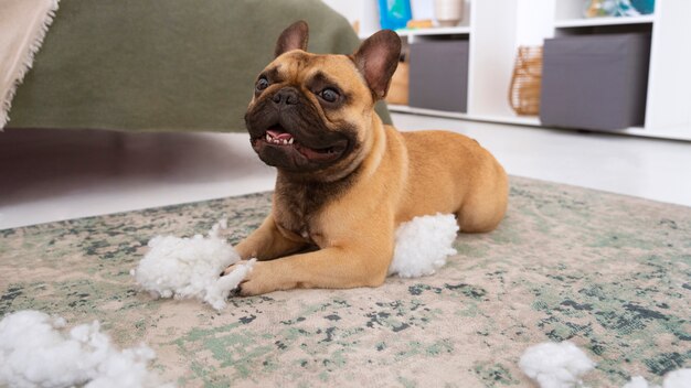 Süßer Hund, der ein Durcheinander macht