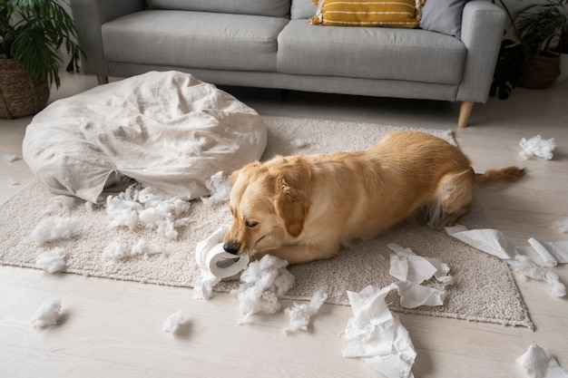 Süßer Hund, der mit Toilettenpapier im hohen Winkel spielt