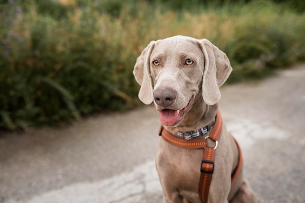 Süßer Hund mit Leine im Freien