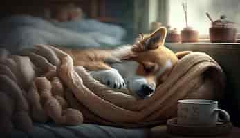 Kostenloses Foto süßer reinrassiger terrier, der auf einem bequemen bett schläft, generative ki