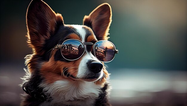 Süßer Terrier-Welpe mit Sonnenbrille, der im Freien posiert generative KI