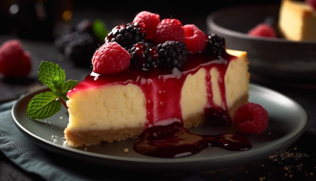 Süßes Beeren-Käsekuchen-Stück mit Schlagsahne-Genuss, generiert von KI