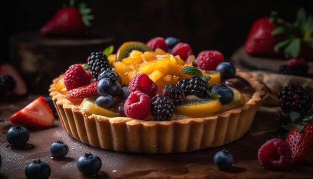 Süßes Beerendessert auf rustikalem Holztisch, generiert von AI