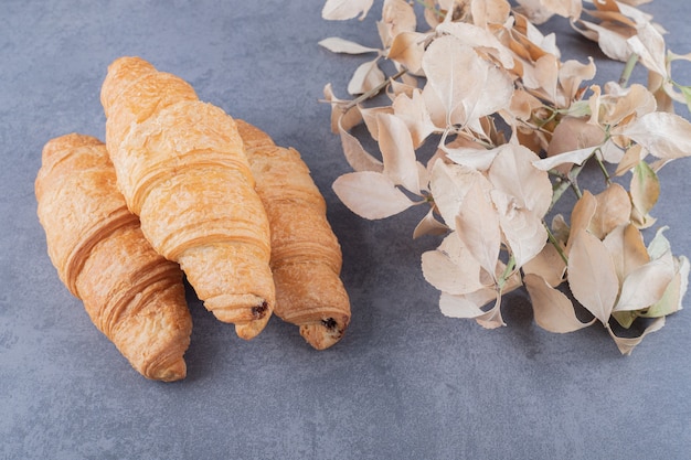 Süßes frisches französisches Croissant auf grauem Hintergrund.