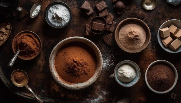 Süßes hausgemachtes Schokoladendessert auf rustikalem Tisch, generiert von AI