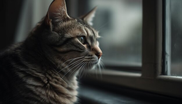 Süßes Kätzchen, das aus dem Fenster der Naturschönheit der generativen KI starrt