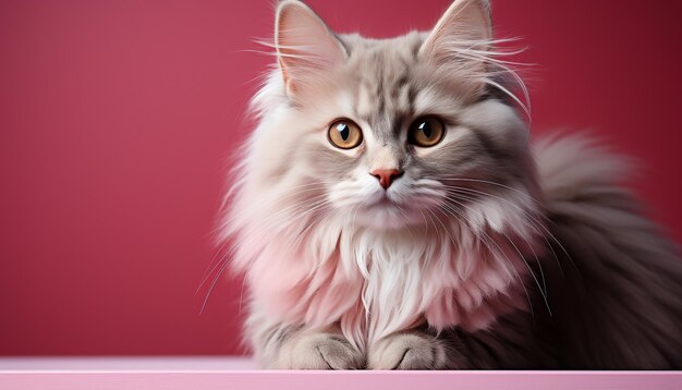 Süßes Kätzchen sitzt und schaut in die Kamera, flauschiges Fell, spielerische Neugier, erzeugt durch künstliche Intelligenz