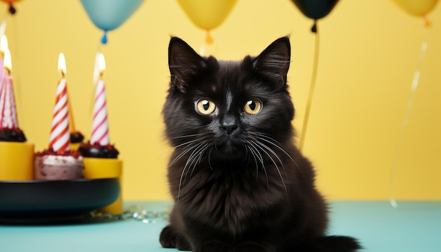 Kostenloses Foto süßes kätzchen sitzt und schaut in die kamera und feiert geburtstag mit durch künstliche intelligenz erzeugten ballons