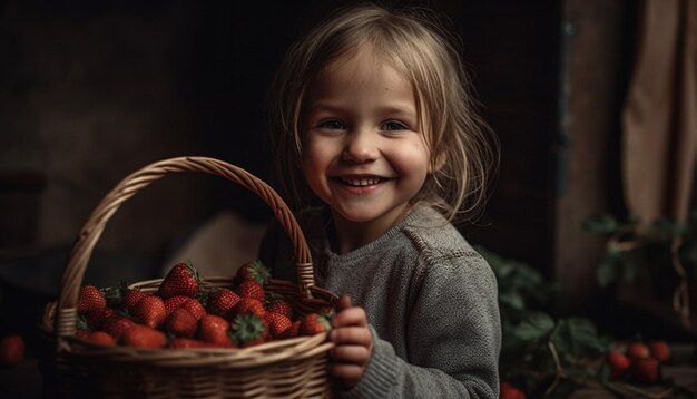 Süßes kaukasisches Mädchen mit frischem Erdbeerkorb im Freien, generiert von KI