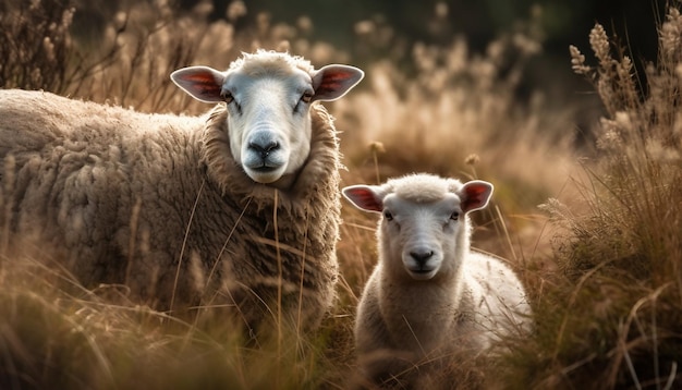 Süßes Lamm, das weidet und die von KI generierte Frühlingswiese genießt