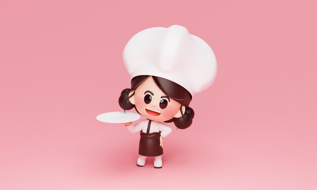Süßes Mädchen Chefkoch in Uniform hält Teller Restaurant Koch Maskottchen auf rosa Hintergrund 3D-Rendering