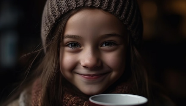 Kostenloses Foto süßes mädchen mit wintermütze lächelt glücklich im freien, generiert von ki