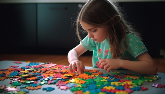 Süßes Vorschulkind konzentriert sich auf bunte Puzzleteile, die von KI generiert werden