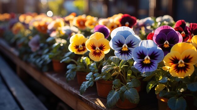 Sunkissed Pansies zeigen ihre lebendigen lila und gelben Farben, ein Beweis für die lebendige Blüte des Frühlings