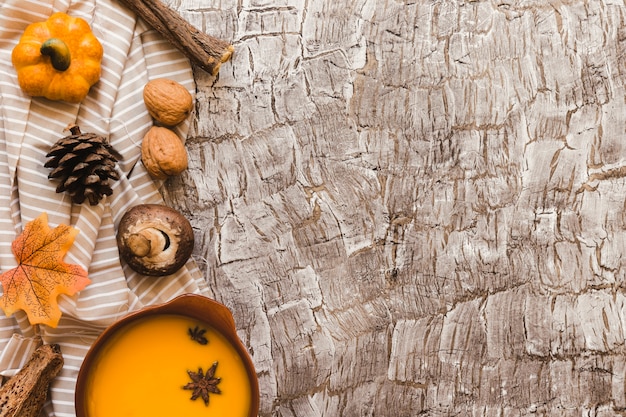 Suppe nahe Herbstsymbolen auf Trägheit