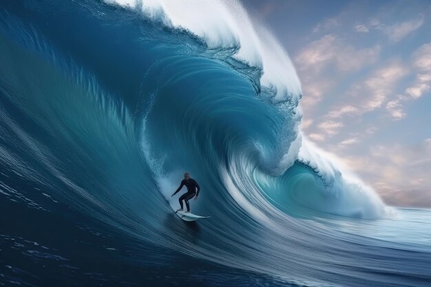Surfer auf großer Blue Ocean Wave Ai generativ