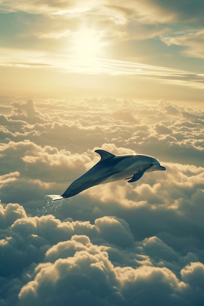 Kostenloses Foto surrealistische darstellung eines delphins in den wolken.