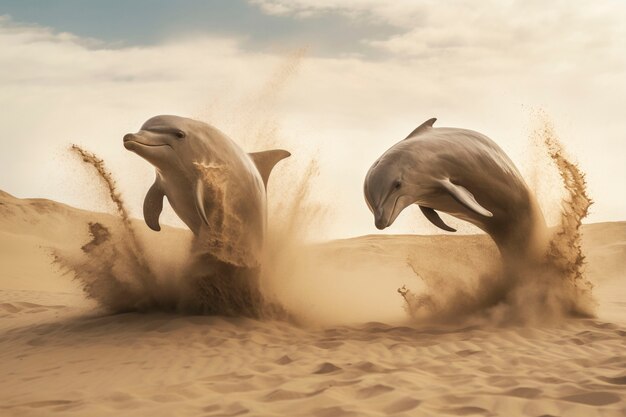 Surrealistische Darstellung eines Delphins in der Wüste.