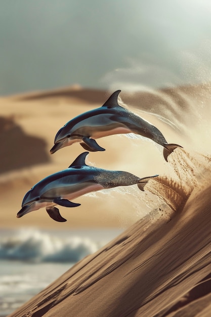 Kostenloses Foto surrealistische darstellung eines delphins in der wüste.