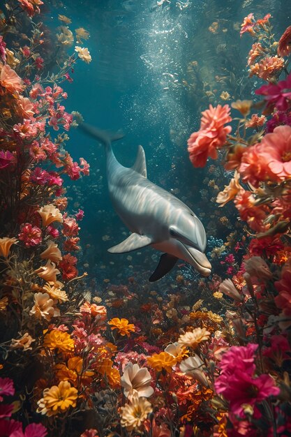Surrealistische Darstellung eines Delphins zwischen Blumen.