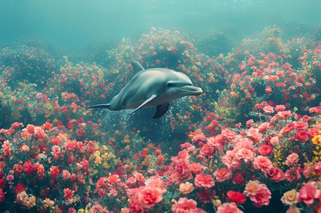 Surrealistische Darstellung eines Delphins zwischen Blumen.