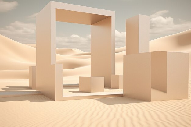 Surrealistische geometrische Formen in der unfruchtbaren Wüste